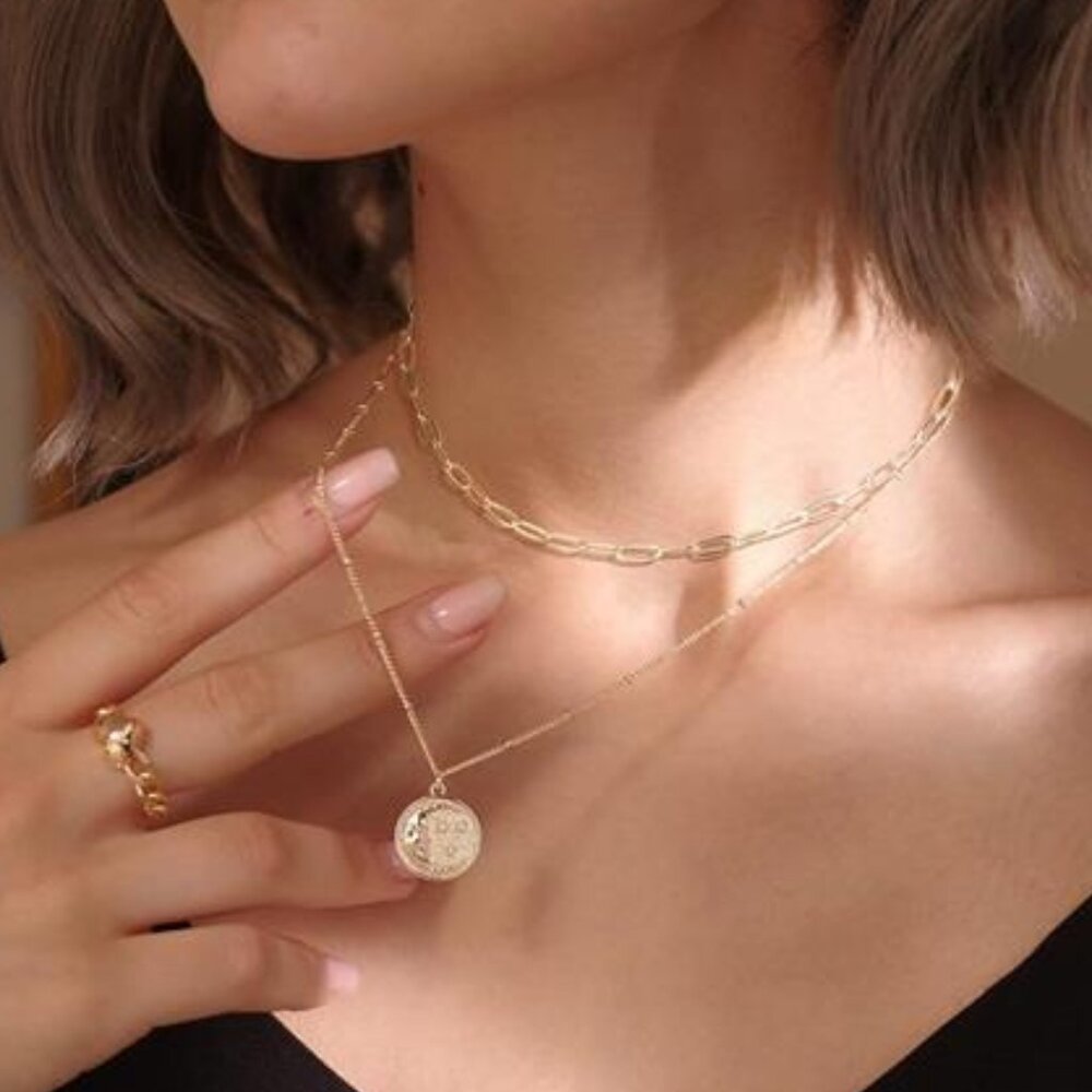 MEVECCO Layered Heart Necklace Pendant Handmade 18k Gold Plated Dainty Gold